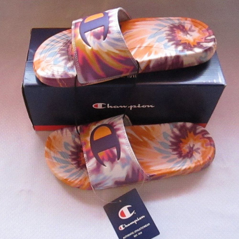 # SOLD #CHAMPION MEGA SLIDE PURPLE -C-GOLD TIE DYE WOMENS SANDALS (SIZE 7) 😍 - Picture 2 of 16